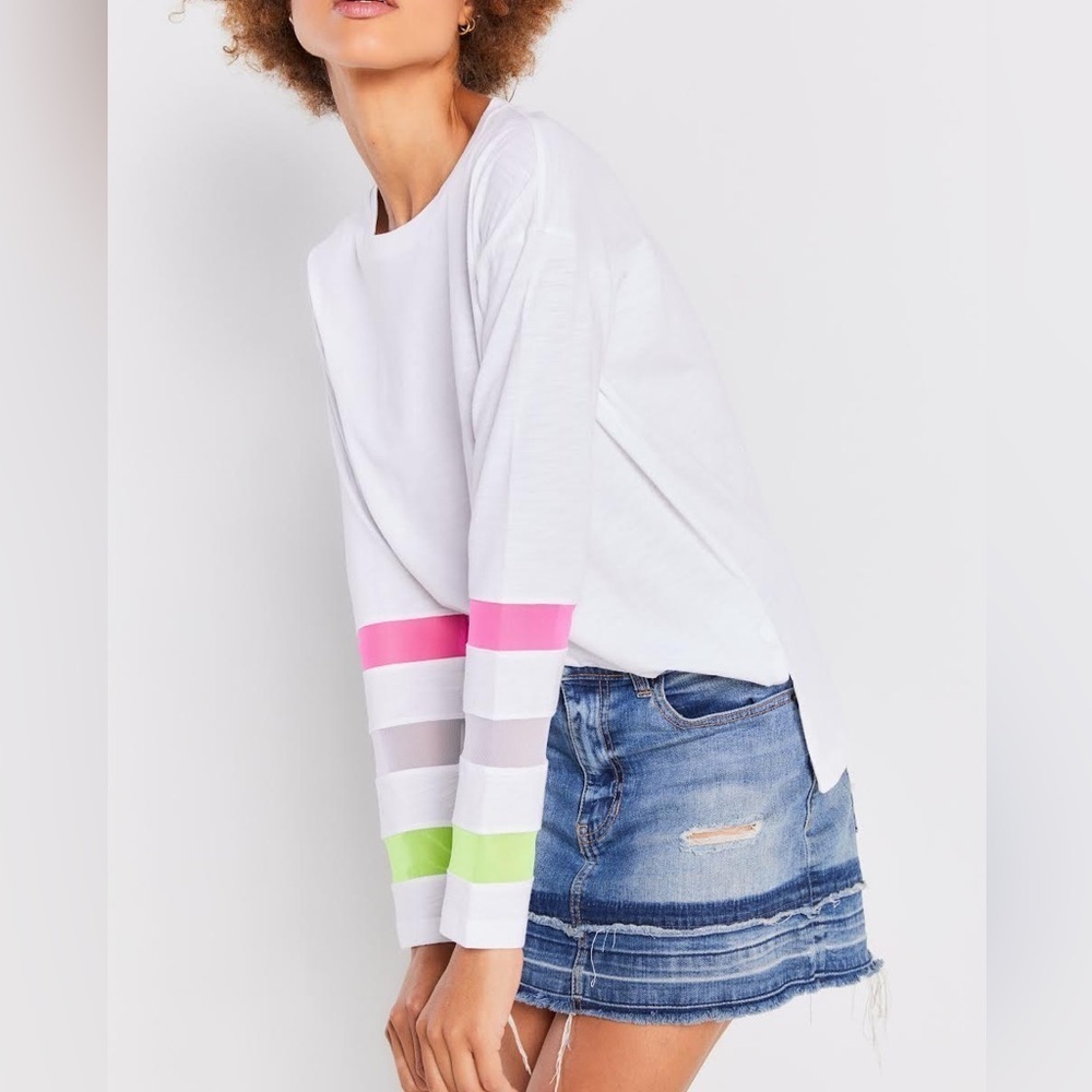 Lisa Todd Mesh Fest Sheer-Inset Tee Striped Sleeve Women's Top 100% Pima Cotton